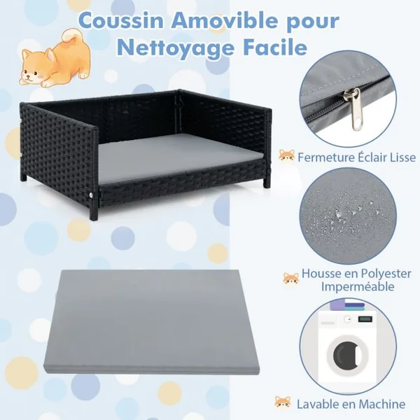 Lit pour Chien en Rotin Canapé-lit pour Animaux de Compagnie Coussin Doux Imperméable Cadre en Métal Lit pour Taille Petite et Moyenne