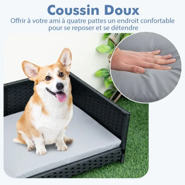 Lit pour Chien en Rotin Canapé-lit pour Animaux de Compagnie Coussin Doux Imperméable Cadre en Métal Lit pour Taille Petite et Moyenne