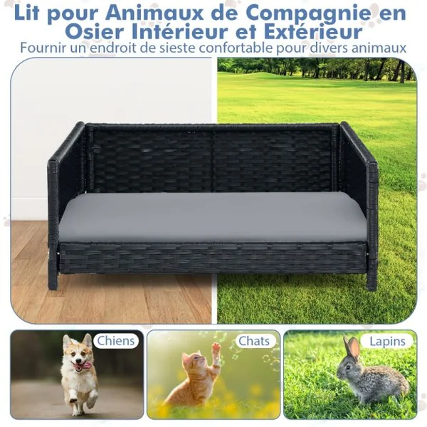 Lit pour Chien en Rotin Canapé-lit pour Animaux de Compagnie Coussin Doux Imperméable Cadre en Métal Lit pour Taille Petite et Moyenne