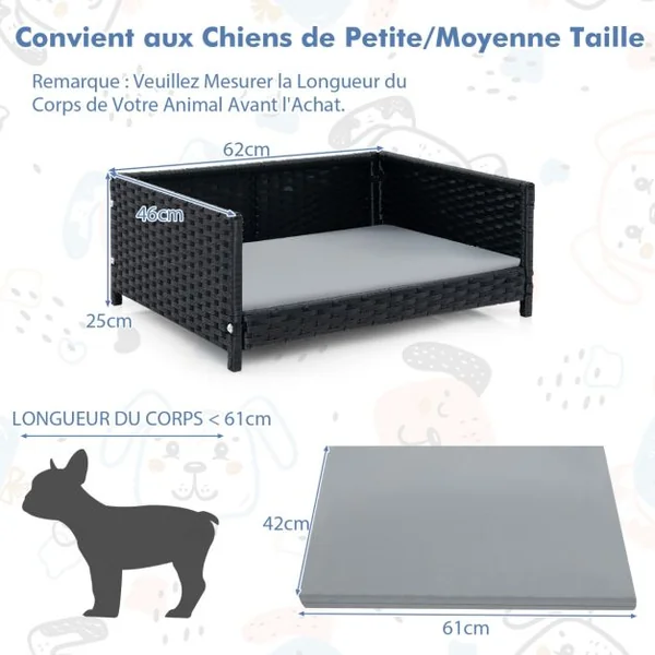 Lit pour Chien en Rotin Canapé-lit pour Animaux de Compagnie Coussin Doux Imperméable Cadre en Métal Lit pour Taille Petite et Moyenne