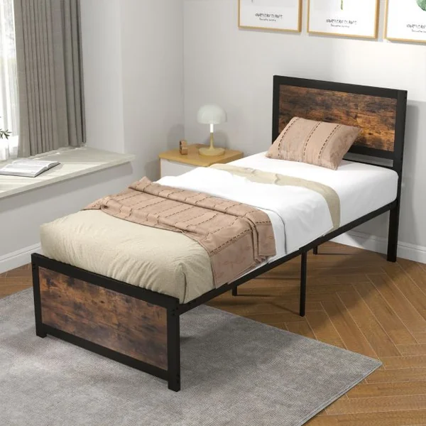 Lit Simple Industriel 90x200CM Tête de Lit 9 Pieds de Support Lattes en Métal Charge 220KG Structure Cadre de Lit