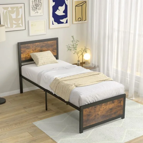 Lit Simple Industriel 90x200CM Tête de Lit 9 Pieds de Support Lattes en Métal Charge 220KG Structure Cadre de Lit