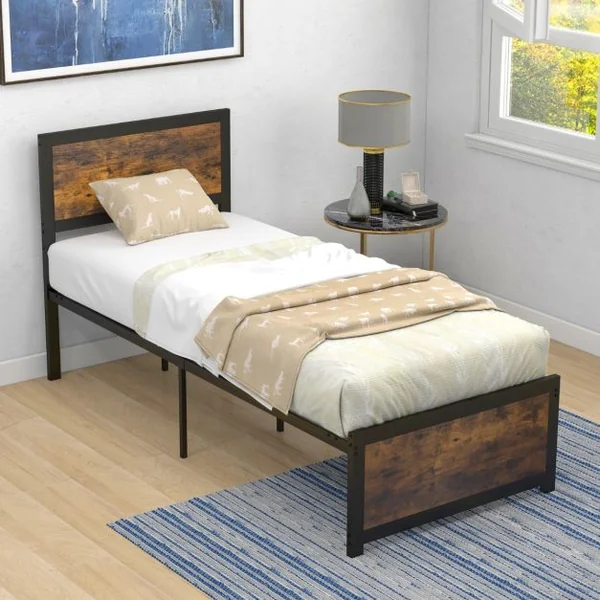 Lit Simple Industriel 90x200CM Tête de Lit 9 Pieds de Support Lattes en Métal Charge 220KG Structure Cadre de Lit