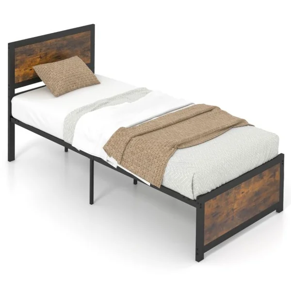 Lit Simple Industriel 90x200CM Tête de Lit 9 Pieds de Support Lattes en Métal Charge 220KG Structure Cadre de Lit