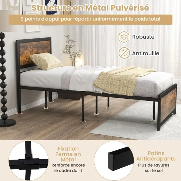 Lit Simple Industriel 90x200CM Tête de Lit 9 Pieds de Support Lattes en Métal Charge 220KG Structure Cadre de Lit