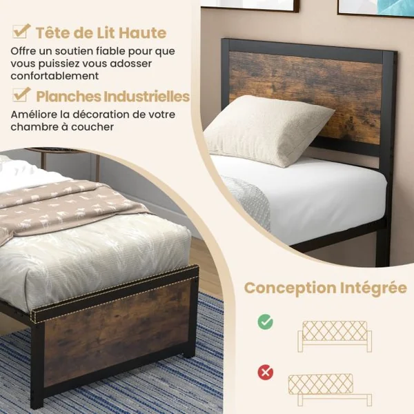 Lit Simple Industriel 90x200CM Tête de Lit 9 Pieds de Support Lattes en Métal Charge 220KG Structure Cadre de Lit
