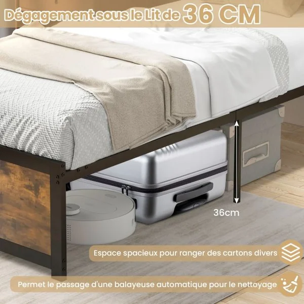 Lit Simple Industriel 90x200CM Tête de Lit 9 Pieds de Support Lattes en Métal Charge 220KG Structure Cadre de Lit