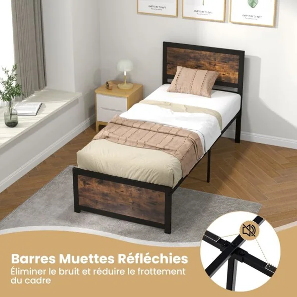 Lit Simple Industriel 90x200CM Tête de Lit 9 Pieds de Support Lattes en Métal Charge 220KG Structure Cadre de Lit