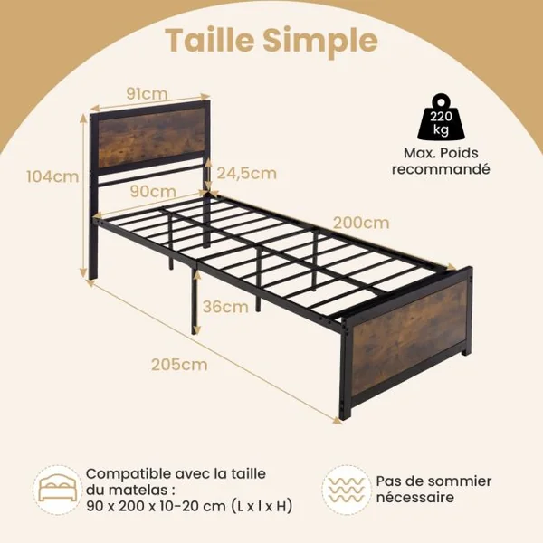 Lit Simple Industriel 90x200CM Tête de Lit 9 Pieds de Support Lattes en Métal Charge 220KG Structure Cadre de Lit