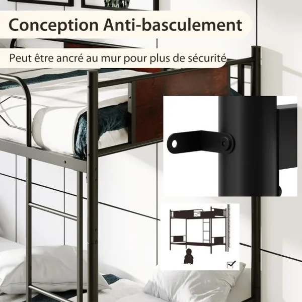 Lit Superposé Séparable en Métal Enfant/Adulte 90x190CM Échelle Garde-corps de Sécurité Dispositif Anti-basculement