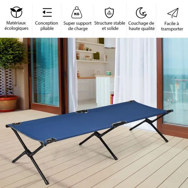 Lits de Camp Pliable 190 x 67 x 42 cm Cadre en Métal Tissu Oxford Robuste Charge 135 kg pour Voyages Camping Plage Bleu