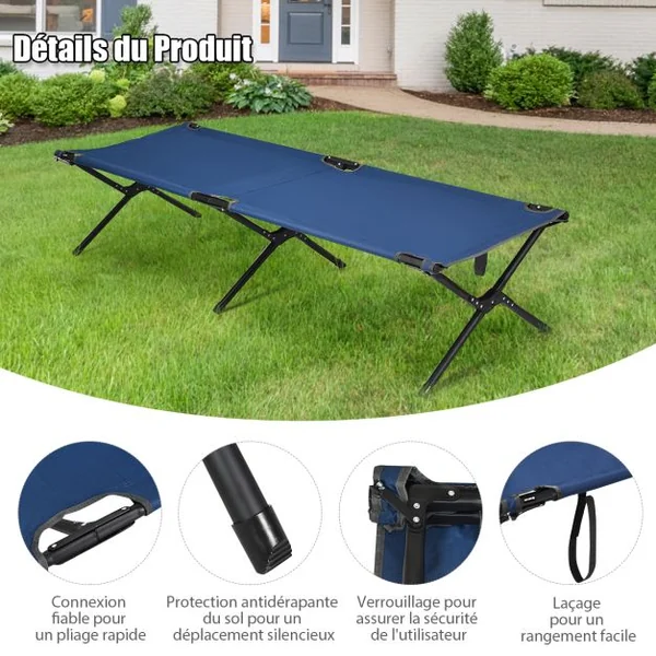 Lits de Camp Pliable 190 x 67 x 42 cm Cadre en Métal Tissu Oxford Robuste Charge 135 kg pour Voyages Camping Plage Bleu