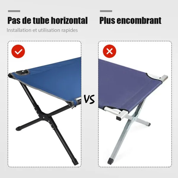 Lits de Camp Pliable 190 x 67 x 42 cm Cadre en Métal Tissu Oxford Robuste Charge 135 kg pour Voyages Camping Plage Bleu
