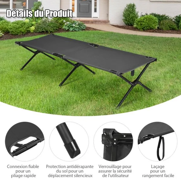 Lits de Camp Pliable 190 x 67 x 42 cm Cadre en Métal Tissu Oxford Robuste Charge 135 kg pour Voyages Camping Plage Gris