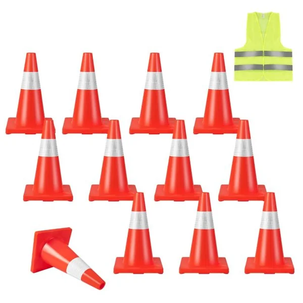 Lot de 12 Cônes de Signalisation Réfléchissant en PVC Hauteur 43cm avec Gilet Jaune Cône de Sécurité Marqueur Attention Sécurité Multi-usages 28 x 28 x 43cm
