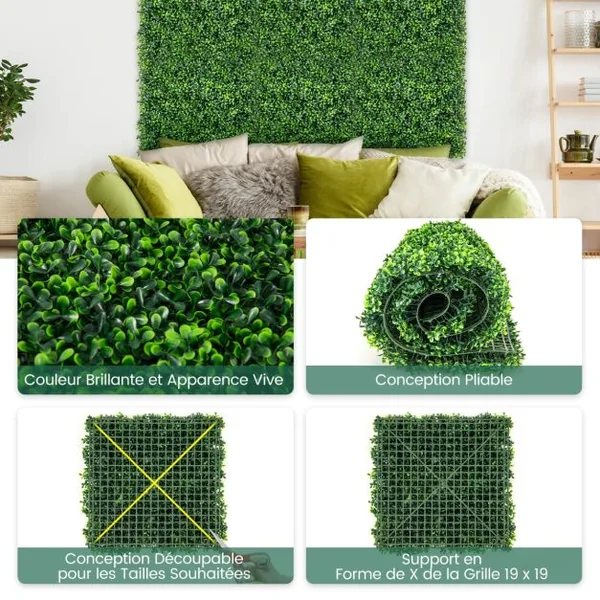 Lot de 12 Panneaux de Buis Artificiels Décorations Murales Carrées 50 x 50 cm Panneaux pour Haie Murale en Polyéthylène Revêtement