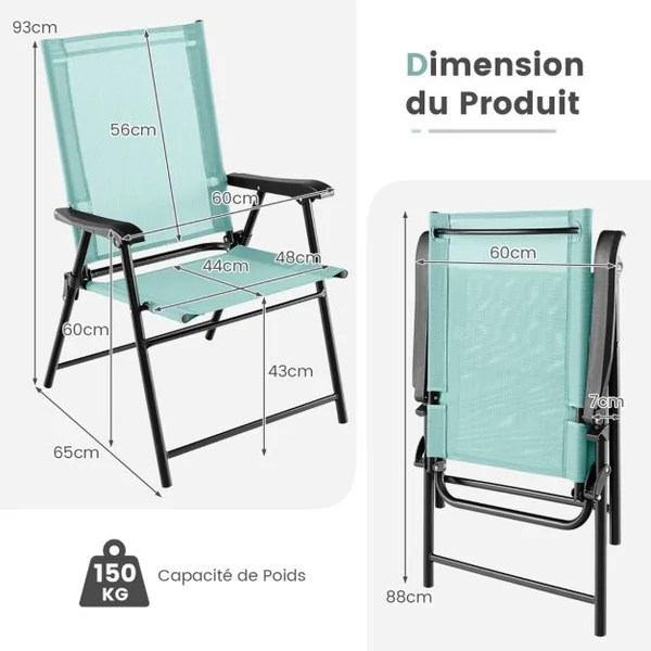 Lot de 2/4 Chaises de Jardin Pliables en Textilène Respirant Chaises de Camping avec Verrou de sécurité et Dossier Haut Bleu/Vert