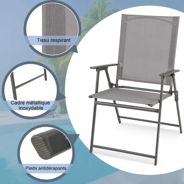 Lot de 2/4 Chaises de Jardin Pliantes en Textilène & Métal Charge 150 kg Fauteuil de Jardin avec Verrouillage de Sécurité Gris/Blanc/Noir