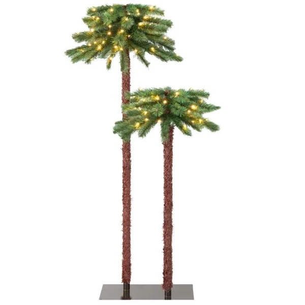 Lot de 2 Arbre de Noël Artificiel Lumineux en Forme de Palmier avec 100 LED Blanc Chaud en PVC Décoration 107 et 152,5 cm