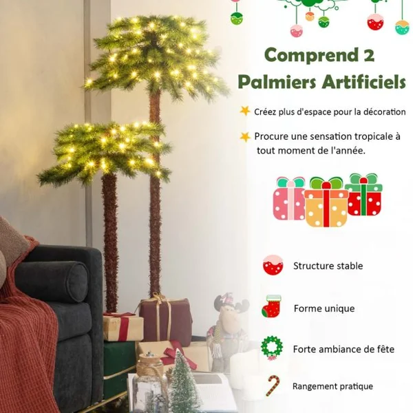 Lot de 2 Arbre de Noël Artificiel Lumineux en Forme de Palmier avec 100 LED Blanc Chaud en PVC Décoration 107 et 152,5 cm