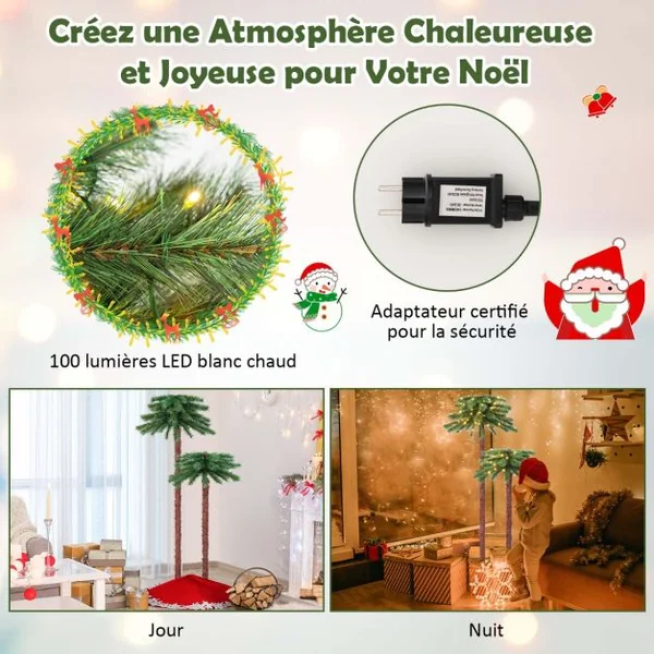 Lot de 2 Arbre de Noël Artificiel Lumineux en Forme de Palmier avec 100 LED Blanc Chaud en PVC Décoration 107 et 152,5 cm