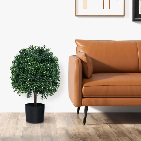 Lot de 2 Arbres de Buis Artificiel Topiaire 55 cm avec 343 Fruits Blancs Fausses Plantes en Boule avec Feuilles Résistantes UV