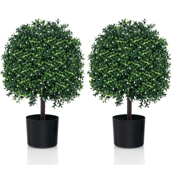 Lot de 2 Arbres de Buis Artificiel Topiaire 55 cm avec 343 Fruits Blancs Fausses Plantes en Boule avec Feuilles Résistantes UV