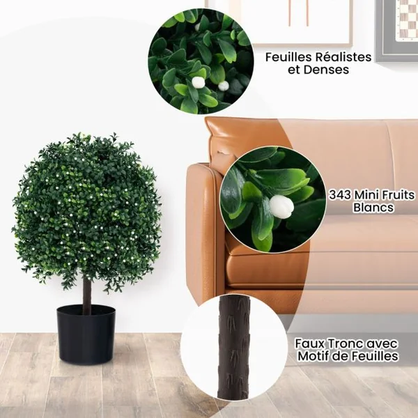 Lot de 2 Arbres de Buis Artificiel Topiaire 55 cm avec 343 Fruits Blancs Fausses Plantes en Boule avec Feuilles Résistantes UV