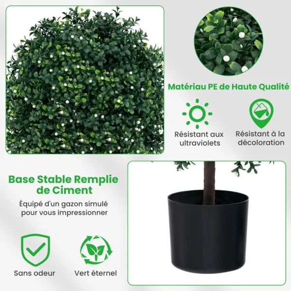 Lot de 2 Arbres de Buis Artificiel Topiaire 55 cm avec 343 Fruits Blancs Fausses Plantes en Boule avec Feuilles Résistantes UV