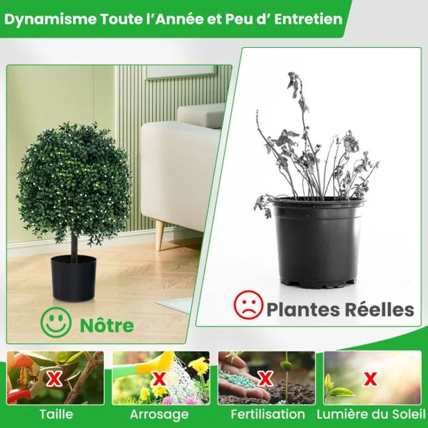 Lot de 2 Arbres de Buis Artificiel Topiaire 55 cm avec 343 Fruits Blancs Fausses Plantes en Boule avec Feuilles Résistantes UV