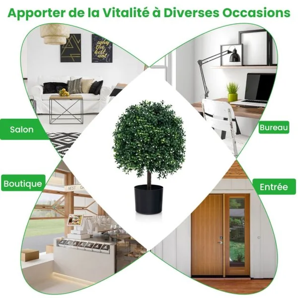 Lot de 2 Arbres de Buis Artificiel Topiaire 55 cm avec 343 Fruits Blancs Fausses Plantes en Boule avec Feuilles Résistantes UV