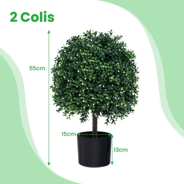 Lot de 2 Arbres de Buis Artificiel Topiaire 55 cm avec 343 Fruits Blancs Fausses Plantes en Boule avec Feuilles Résistantes UV