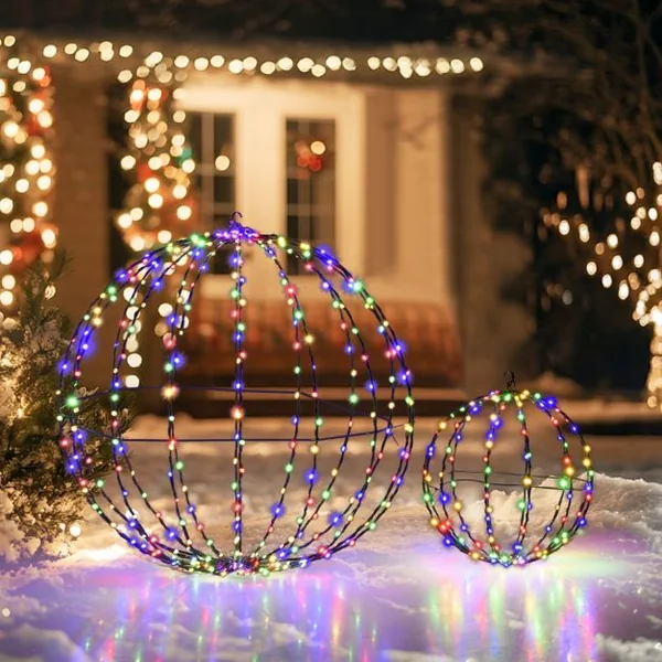 Lot de 2 Boules de Noël Pré-Eclairées Sphère Pliable Eclairée par LED avec 440 Lumières Colorées Cadre en Métal Globe Lumineux Suspendu