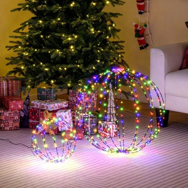 Lot de 2 Boules de Noël Pré-Eclairées Sphère Pliable Eclairée par LED avec 440 Lumières Colorées Cadre en Métal Globe Lumineux Suspendu