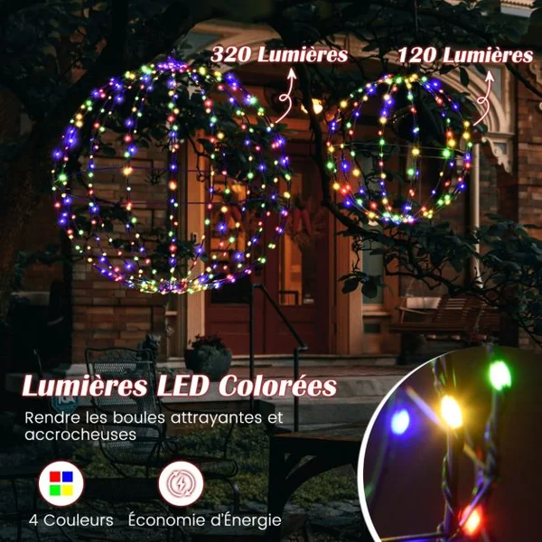Lot de 2 Boules de Noël Pré-Eclairées Sphère Pliable Eclairée par LED avec 440 Lumières Colorées Cadre en Métal Globe Lumineux Suspendu