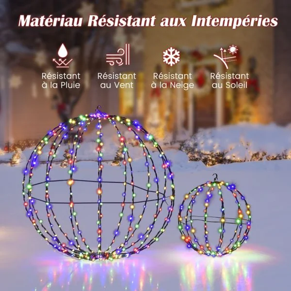 Lot de 2 Boules de Noël Pré-Eclairées Sphère Pliable Eclairée par LED avec 440 Lumières Colorées Cadre en Métal Globe Lumineux Suspendu