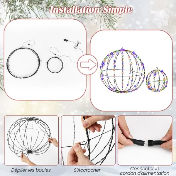 Lot de 2 Boules de Noël Pré-Eclairées Sphère Pliable Eclairée par LED avec 440 Lumières Colorées Cadre en Métal Globe Lumineux Suspendu