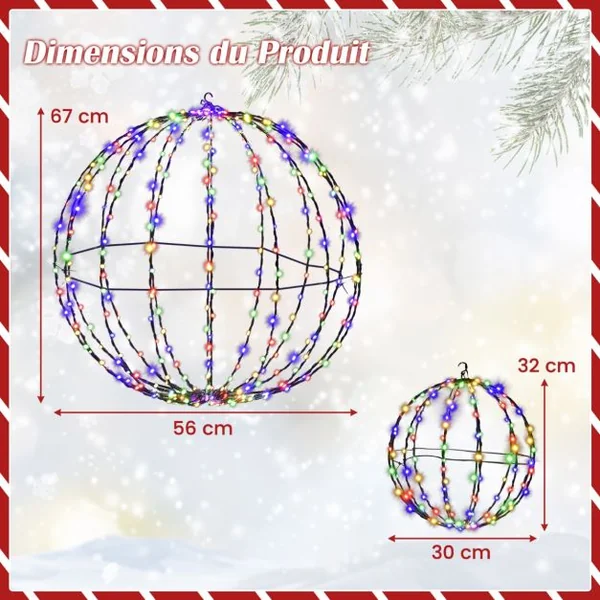 Lot de 2 Boules de Noël Pré-Eclairées Sphère Pliable Eclairée par LED avec 440 Lumières Colorées Cadre en Métal Globe Lumineux Suspendu