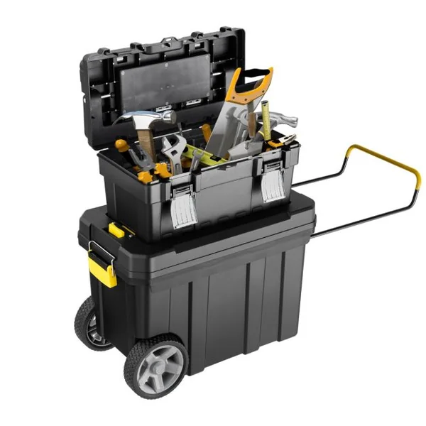 Lot de 2 Boîtes à Outils de Rangement Chariot Emboîtable avec Poignée de Traction et Plateau Amovible Étui de Rangement en 2 Pièces Noir