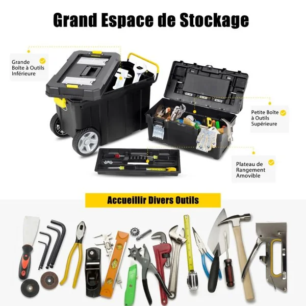Lot de 2 Boîtes à Outils de Rangement Chariot Emboîtable avec Poignée de Traction et Plateau Amovible Étui de Rangement en 2 Pièces Noir