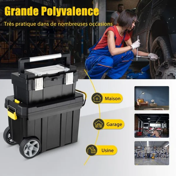 Lot de 2 Boîtes à Outils de Rangement Chariot Emboîtable avec Poignée de Traction et Plateau Amovible Étui de Rangement en 2 Pièces Noir