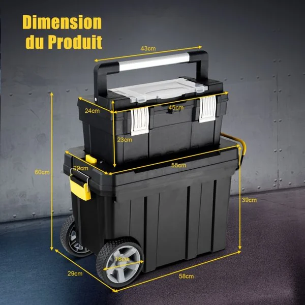 Lot de 2 Boîtes à Outils de Rangement Chariot Emboîtable avec Poignée de Traction et Plateau Amovible Étui de Rangement en 2 Pièces Noir