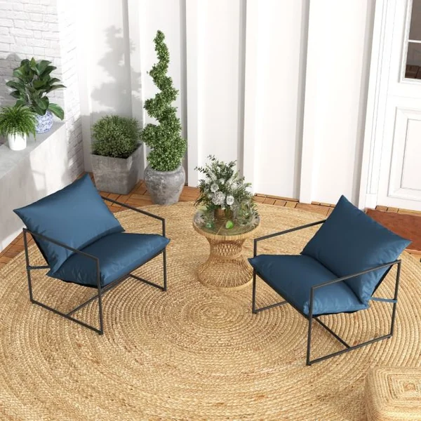 Lot de 2 Chaise de Jardin en Textilène Patins Antidérapants 4 Coussins Cadre en Métal Charge 150KG Intérieur Extérieur Bleu
