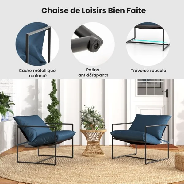 Lot de 2 Chaise de Jardin en Textilène Patins Antidérapants 4 Coussins Cadre en Métal Charge 150KG Intérieur Extérieur Bleu
