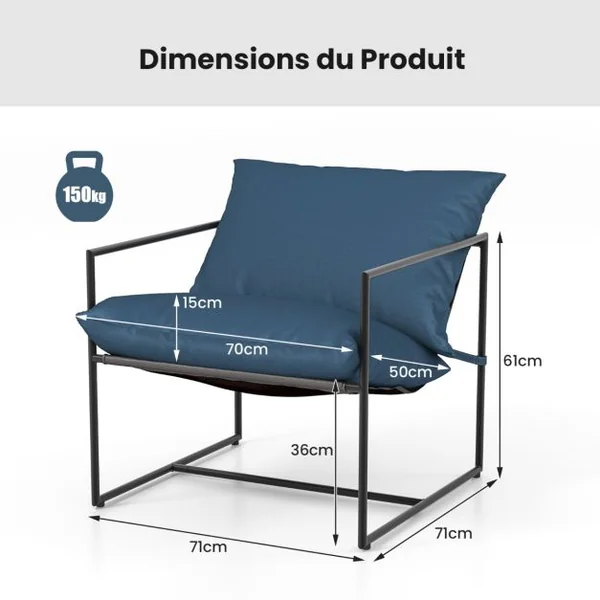 Lot de 2 Chaise de Jardin en Textilène Patins Antidérapants 4 Coussins Cadre en Métal Charge 150KG Intérieur Extérieur Bleu