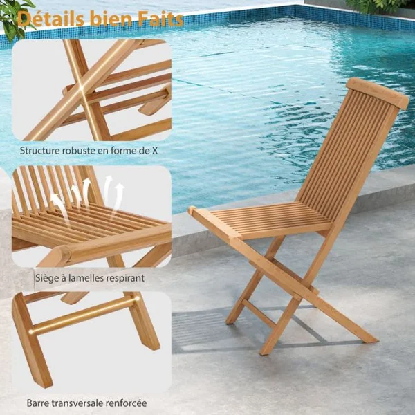 Lot de 2 Chaise de Jardin Pliante en Bois de Teck Dossier Siège à lattes Structure en Forme de X Patio Terrasse