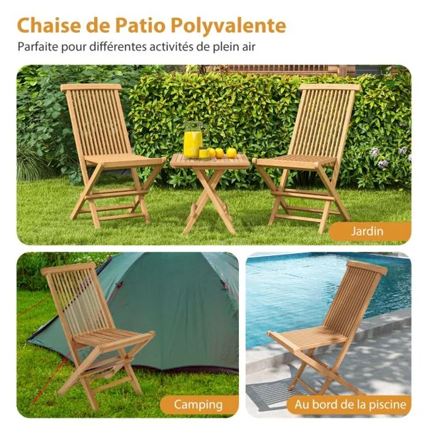 Lot de 2 Chaise de Jardin Pliante en Bois de Teck Dossier Siège à lattes Structure en Forme de X Patio Terrasse