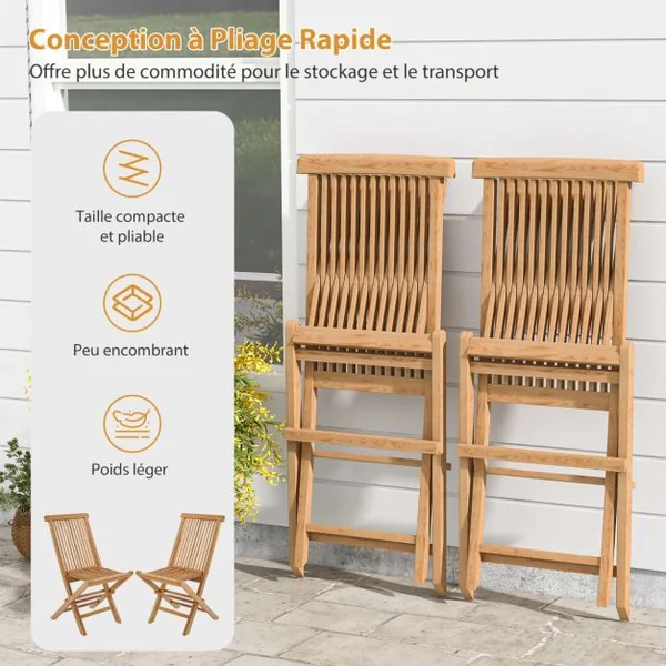 Lot de 2 Chaise de Jardin Pliante en Bois de Teck Dossier Siège à lattes Structure en Forme de X Patio Terrasse