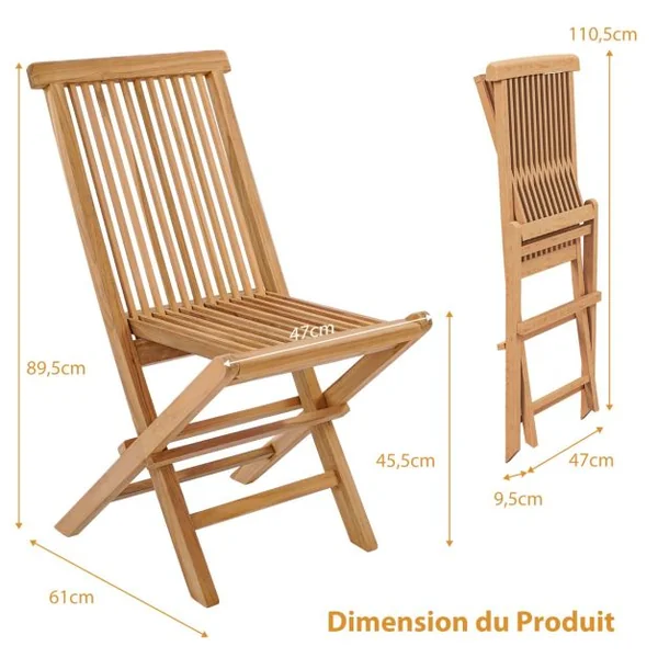 Lot de 2 Chaise de Jardin Pliante en Bois de Teck Dossier Siège à lattes Structure en Forme de X Patio Terrasse