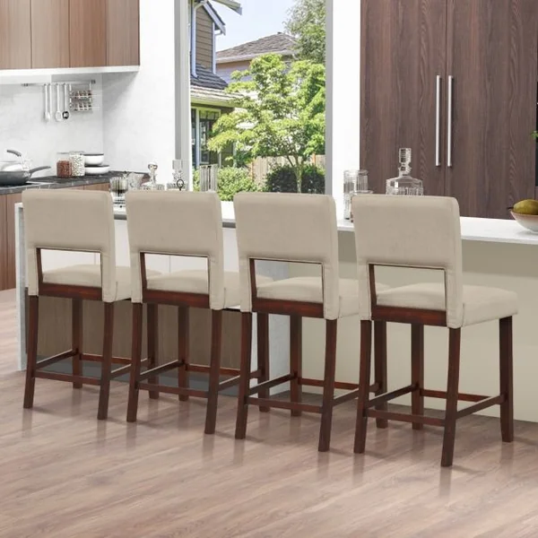 Lot de 2 Chaise Haute Bar avec Dossier et Repose-pieds Tabouret de Bar Rembourré Hauteur d’Assise 62 cm Comptoir Beige